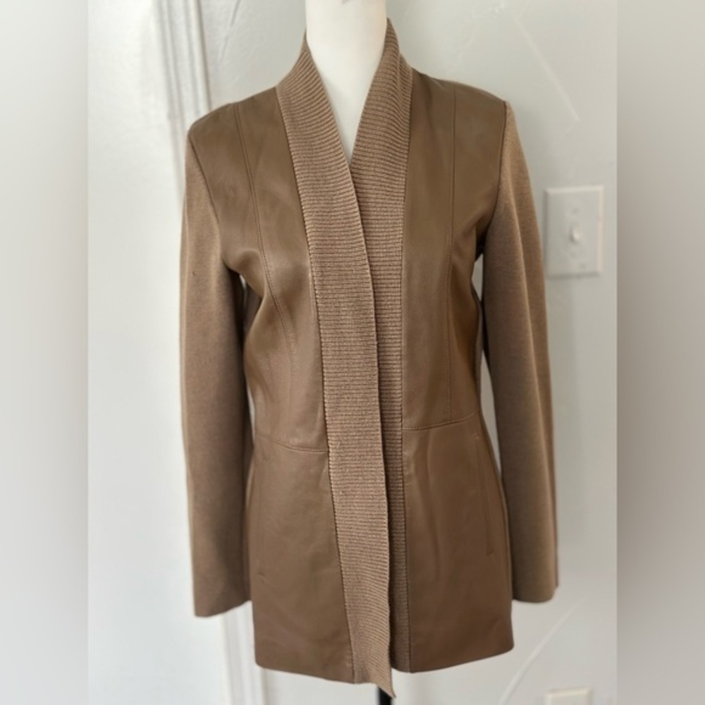 WORTH Luxury Genuine Soft Leather and Wool Open Front Jacket Cardigan EUC S